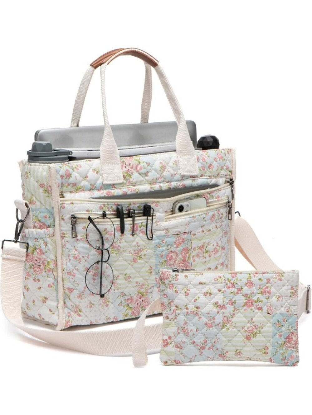 Floral Quilted Tote Bag for Women, 14 Pockets, Large Crossbody Handbag for Work